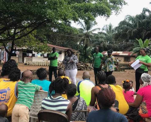 Liberian scientists and community members discuss zoonotic disease risk reduction, including tips on living safely with bats. (Image credit: Catherine Machalaba / EcoHealth Alliance)