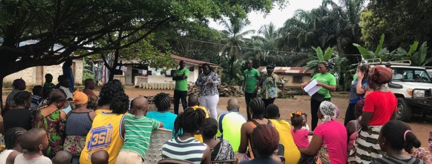 Liberian scientists and community members discuss zoonotic disease risk reduction, including tips on living safely with bats. (Image credit: Catherine Machalaba / EcoHealth Alliance)