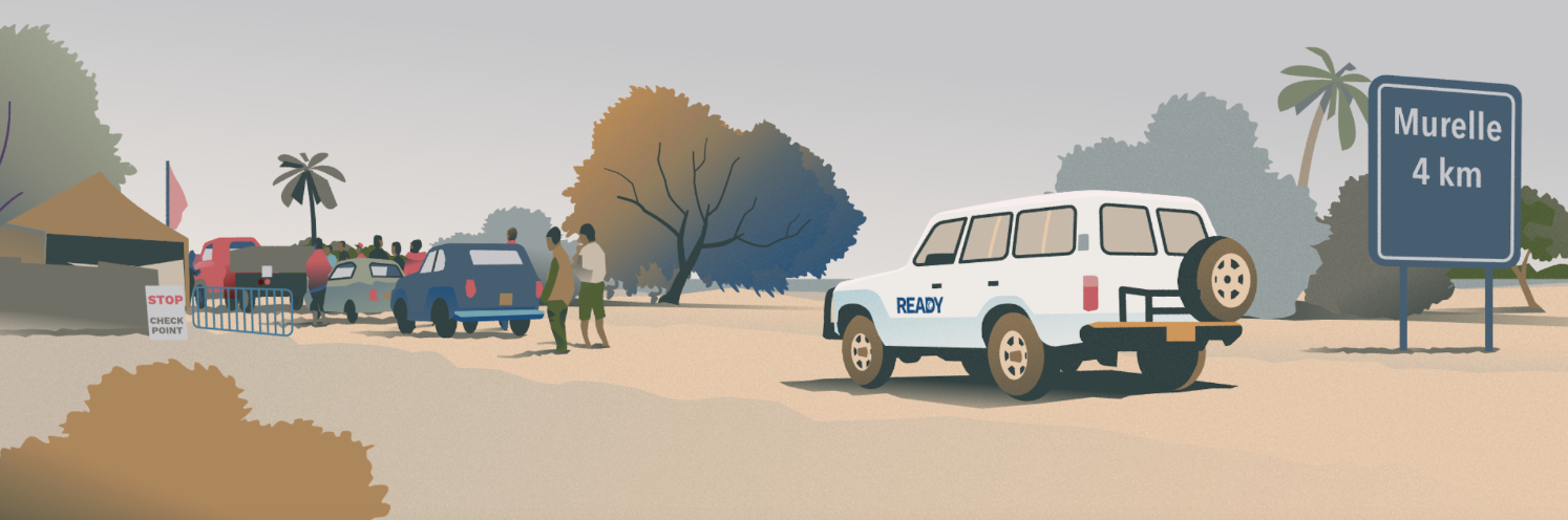 An illustration from the Outbreak READY! simulation, showing a checkpoint near a city border.